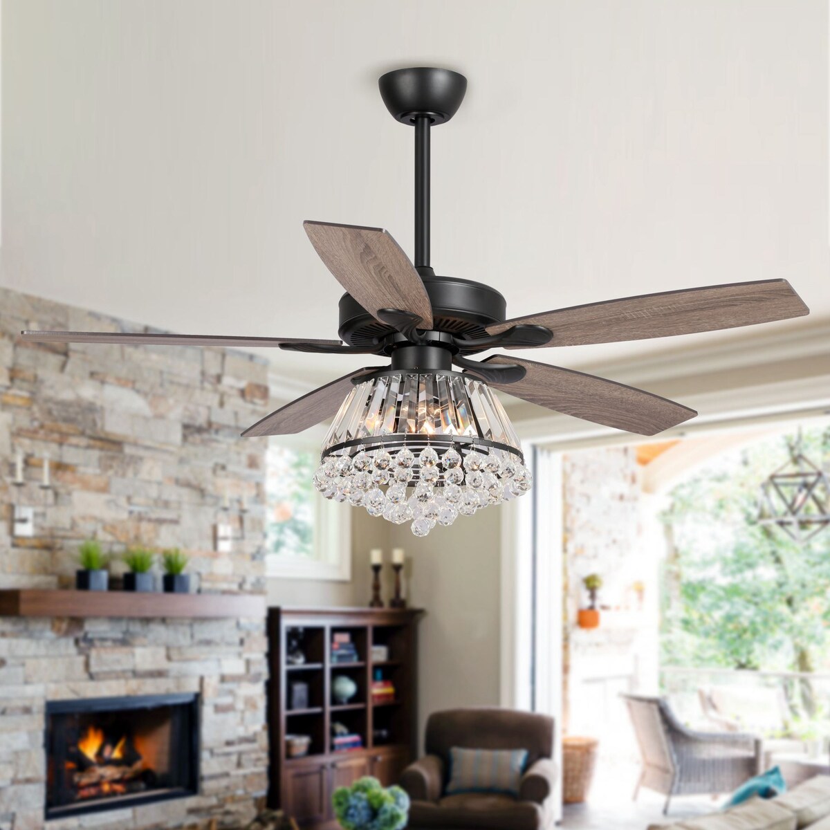 52-inch Walnut Wooden 5-blade Crystal Ceiling Fan with Remote