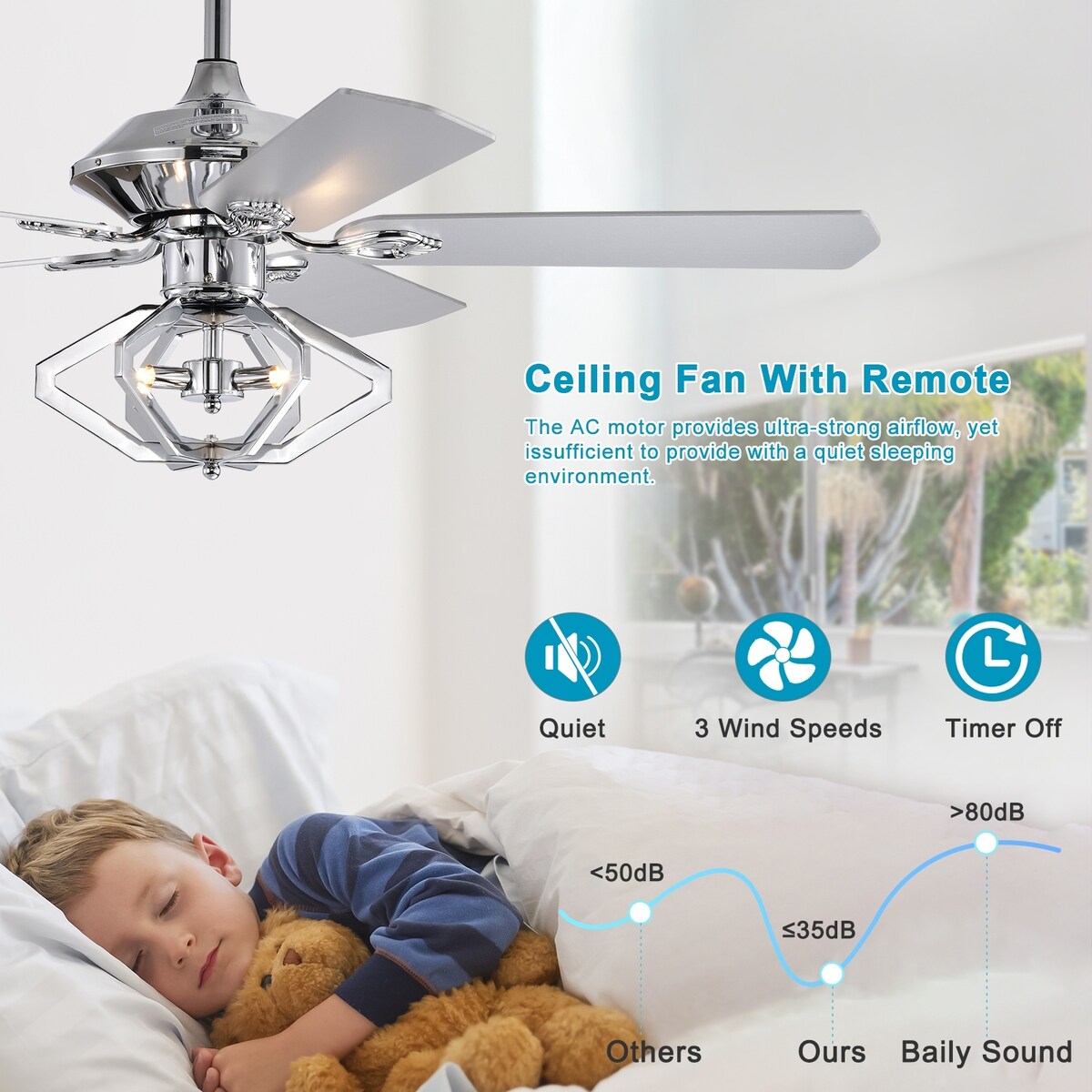 52 inch Chrome Reversible Ceiling Fan with Lights and Remote Control - 52 Inches