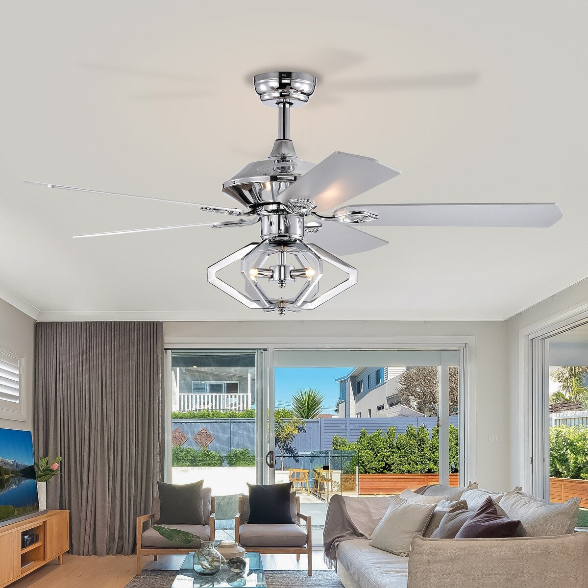 52 inch Chrome Reversible Ceiling Fan with Lights and Remote Control - 52 Inches