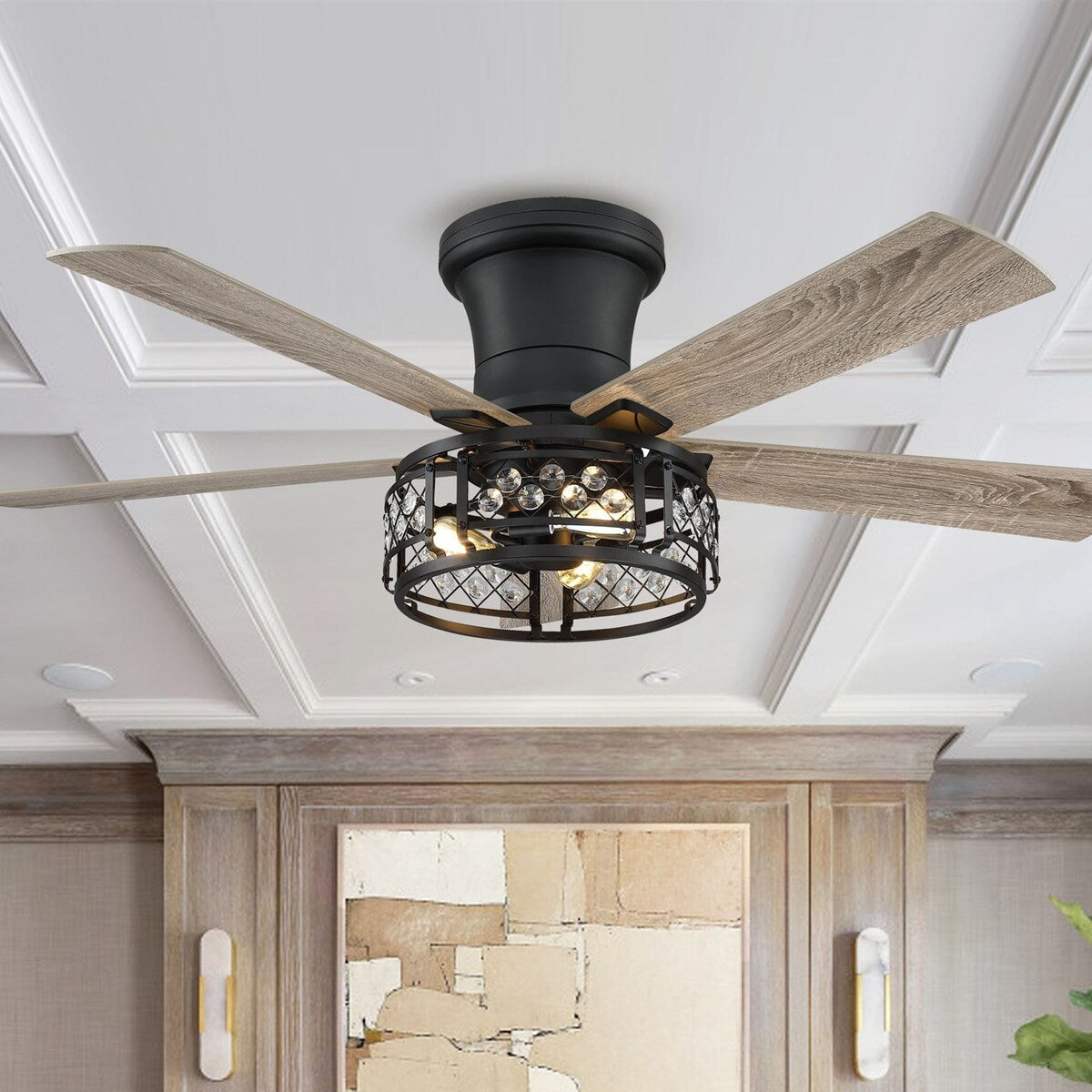 52-inch Farmhouse 5-Blade Crystal Hugger Ceiling Fan with Remote