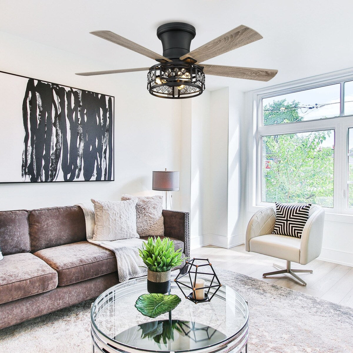 52-inch Farmhouse 5-Blade Crystal Hugger Ceiling Fan with Remote