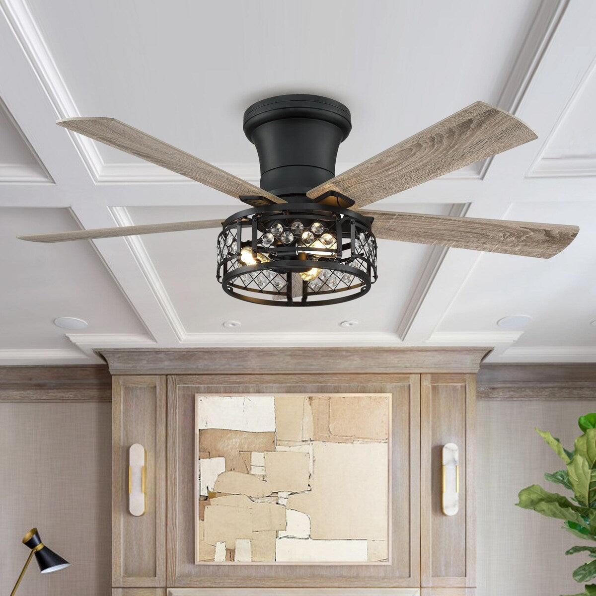 52-inch Farmhouse 5-Blade Crystal Hugger Ceiling Fan with Remote