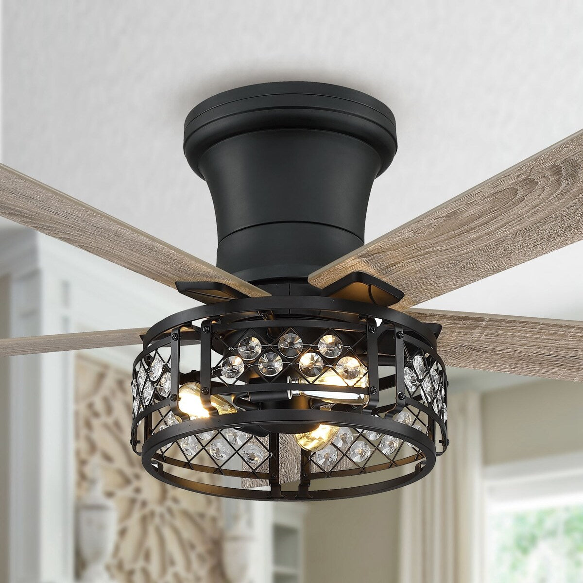 52-inch Farmhouse 5-Blade Crystal Hugger Ceiling Fan with Remote