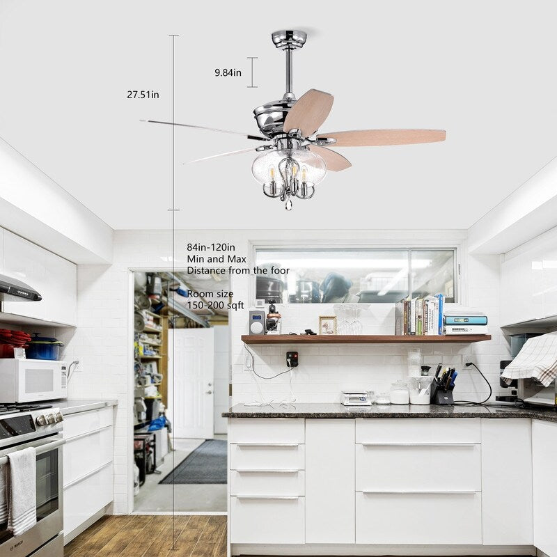 52-inch Modern Ceiling Fan with Round Glass Shade with Remote Control