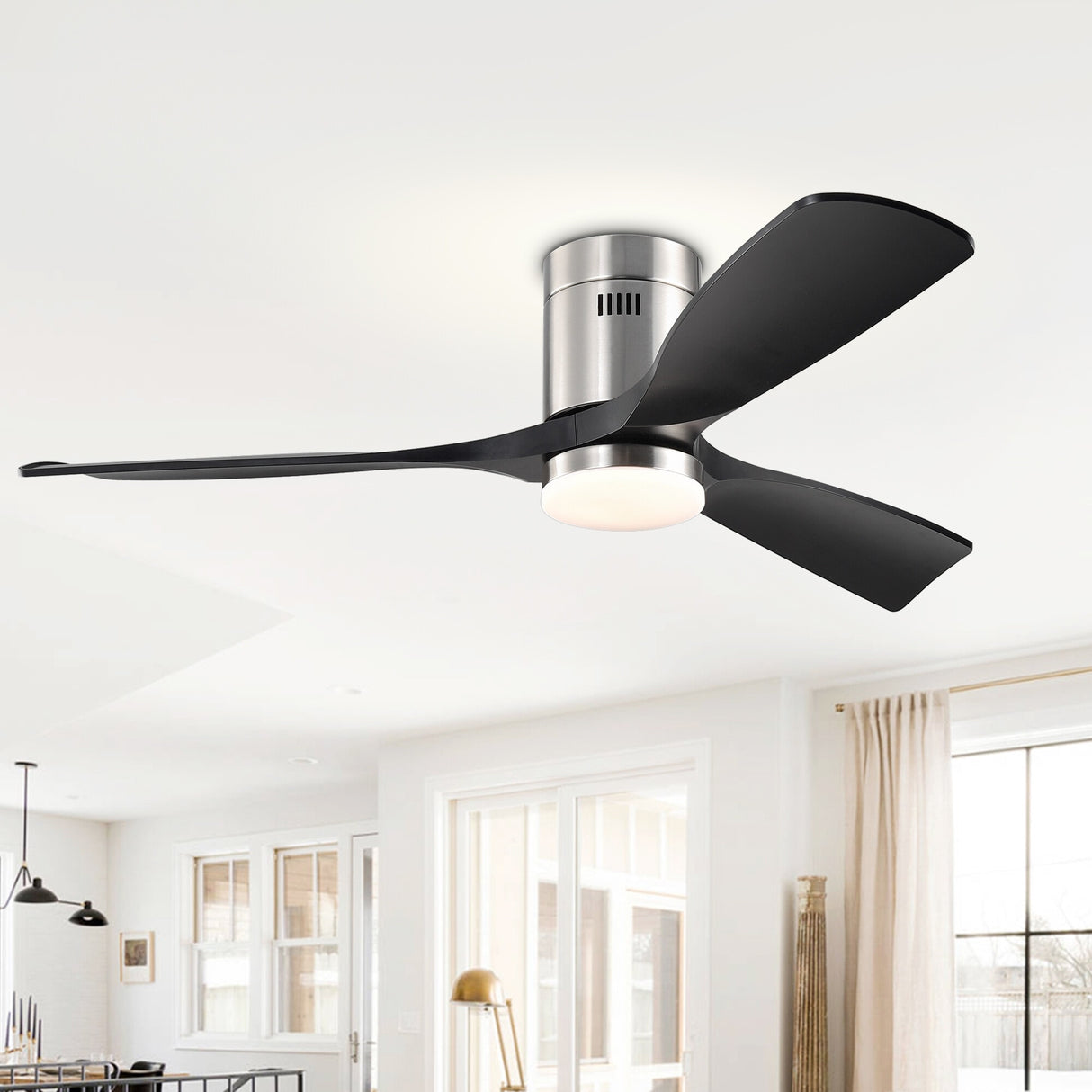 52" 3 Blade Flush Mount Ceiling Fans with LED Light Remote Control - 52 inch