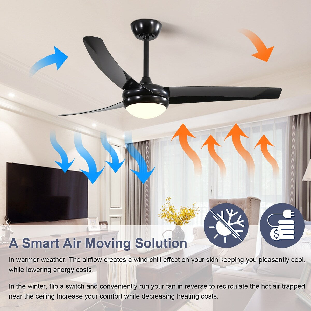 52" 3-Blade Reversible LED Ceiling Fan with Remote Control