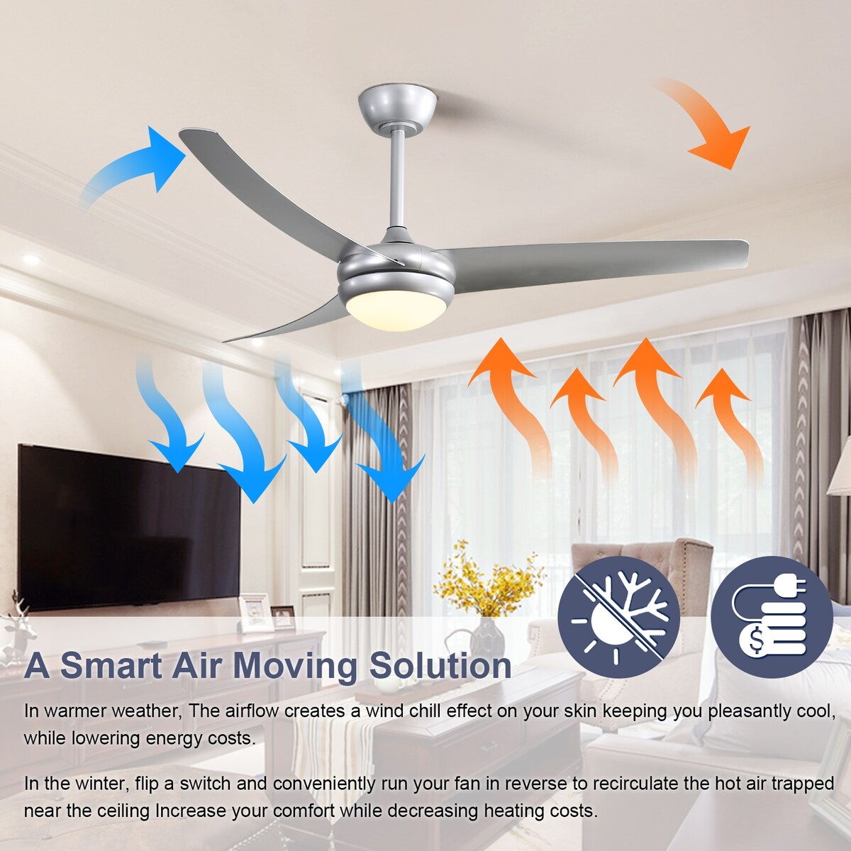 52" 3-Blade Reversible LED Ceiling Fan with Remote Control