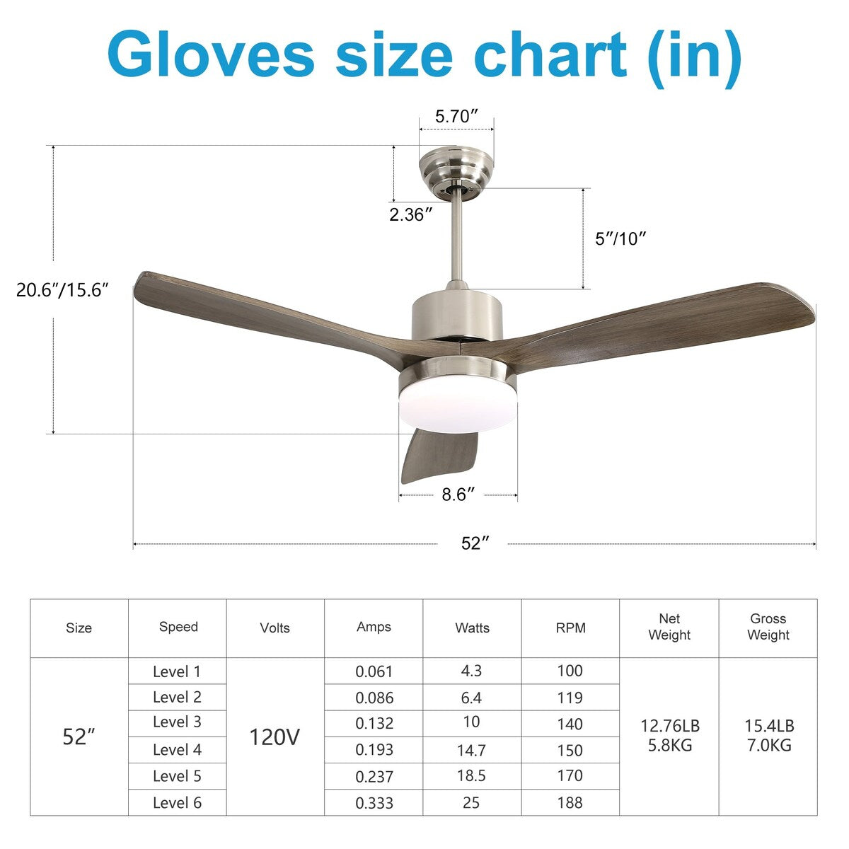 52" Ceiling Fan Light with Remote Control for Living Room