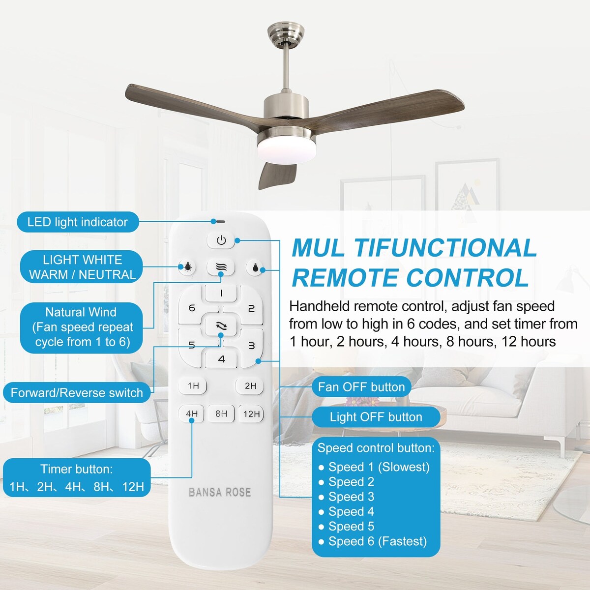 52" Ceiling Fan Light with Remote Control for Living Room
