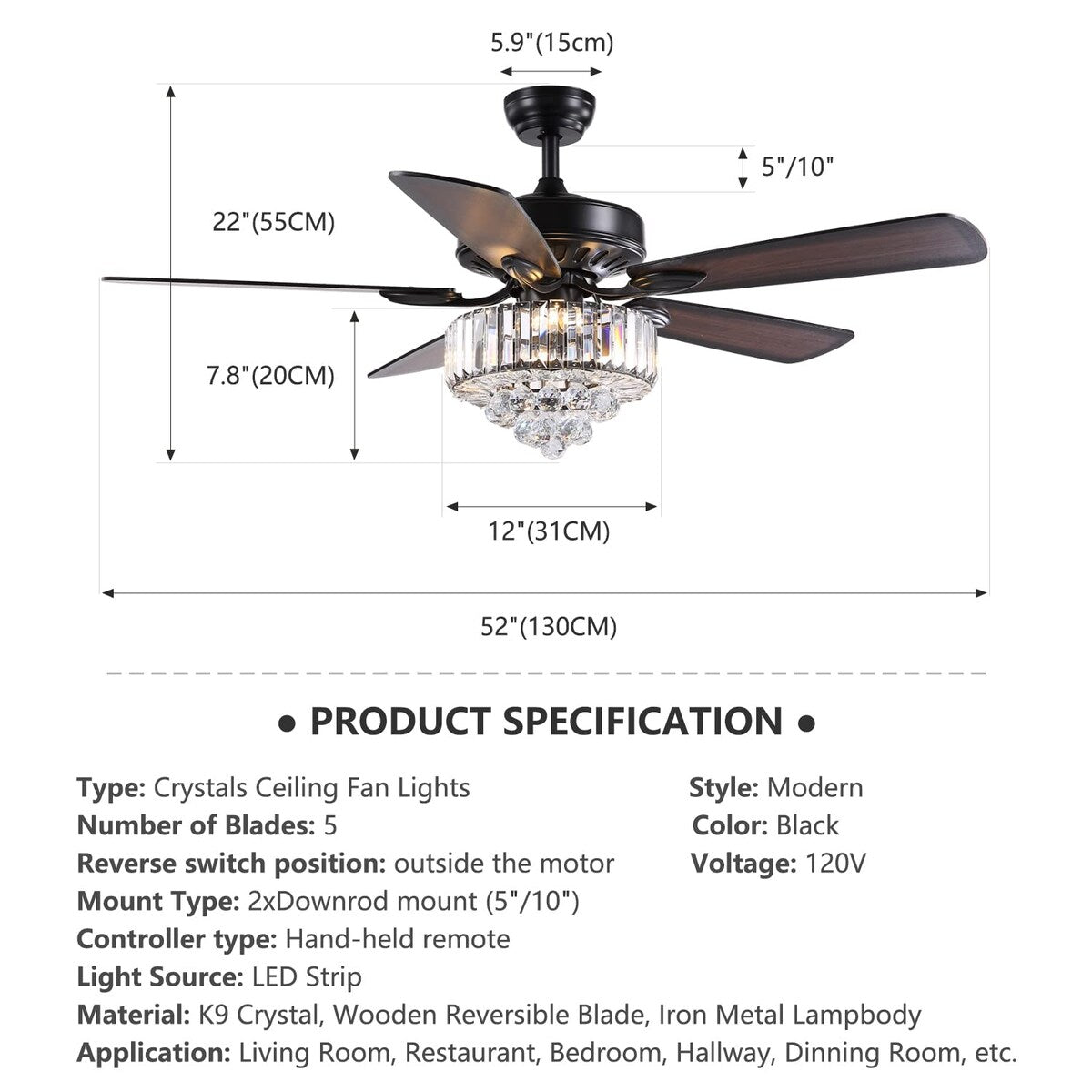 52" Crystal Chandelier Ceiling Fan with Lights and Remote