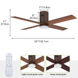 52" Flush Mount Ceiling Fan with Light and Remote, Modern for Indoor DC Motor