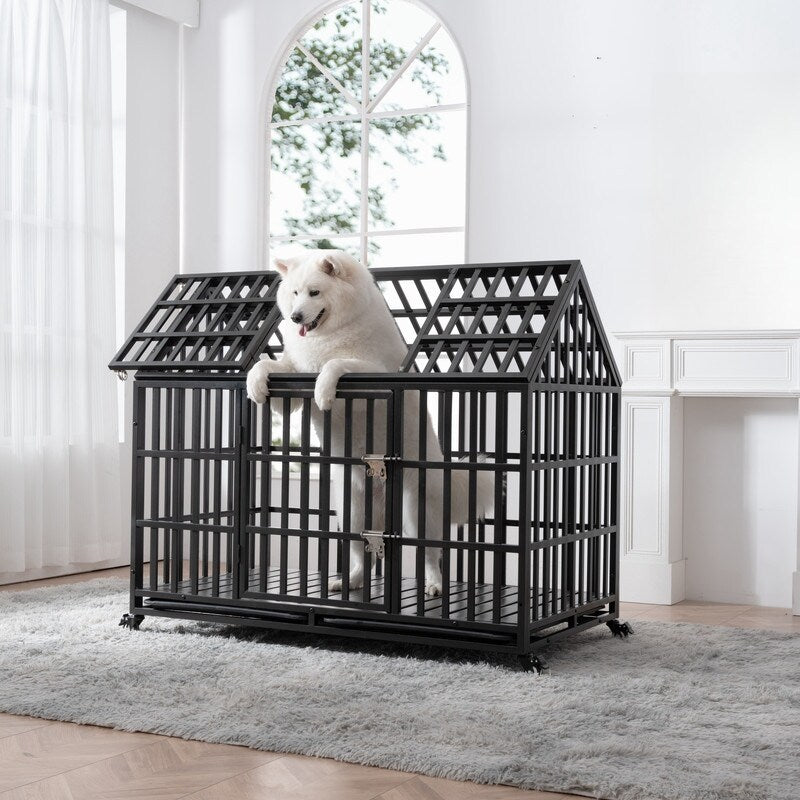 52" Heavy Duty Dog Crate Large Dog cage Strong Metal Dog Kennels and Crates for Large Dogs with 4 Lockable Wheels