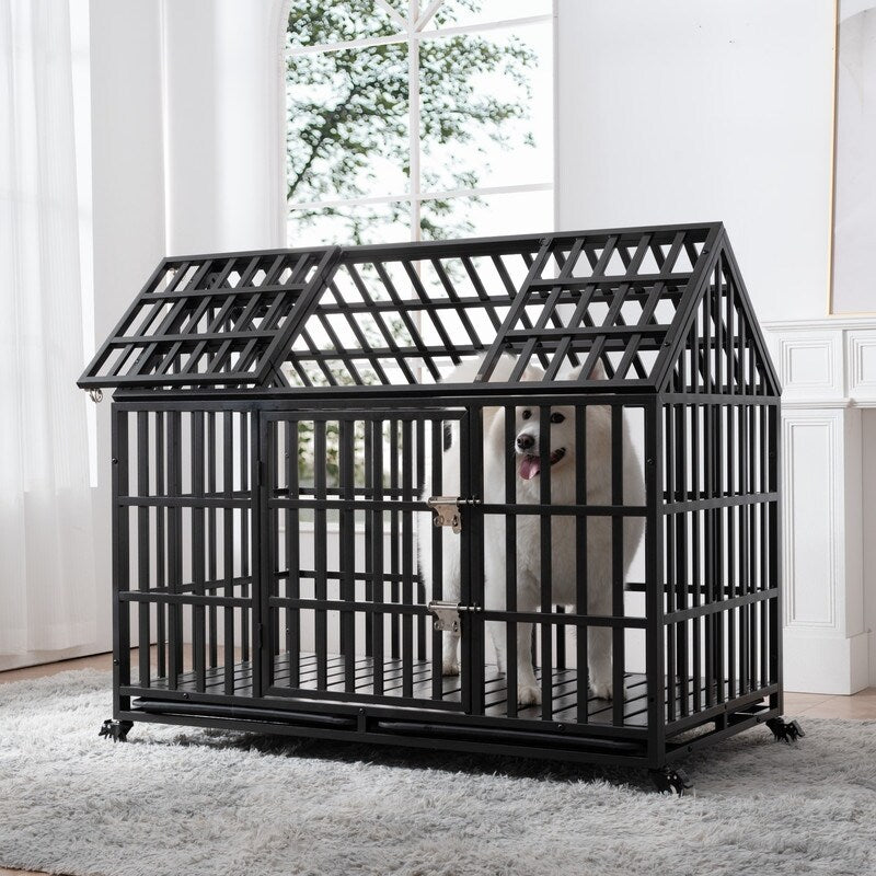 52" Heavy Duty Dog Crate Large Dog cage Strong Metal Dog Kennels and Crates for Large Dogs with 4 Lockable Wheels