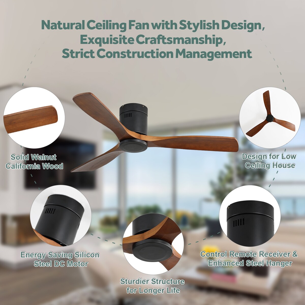 52" Matte Black Walnut Remote Control Ceiling Fan