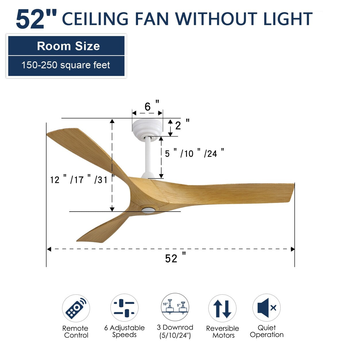 52" Matte White Smart Ceiling Fan Without Lights, 6 Speed