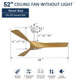 52" Matte White Smart Ceiling Fan Without Lights, 6 Speed