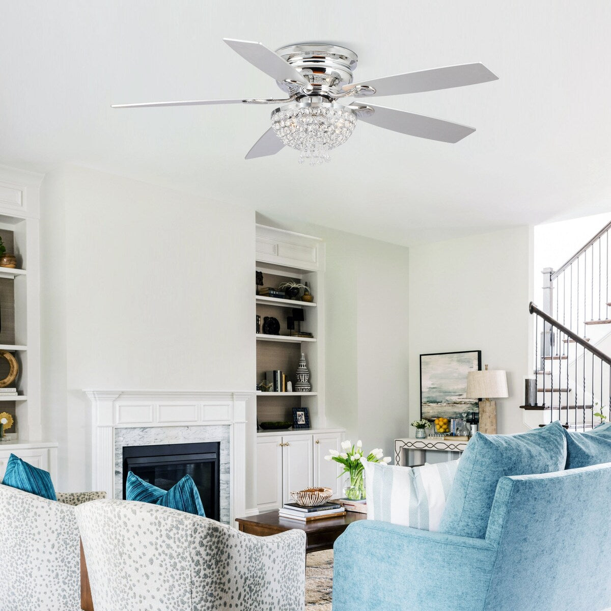 52" Modern 2-Light Low Profile Crystal Ceiling Fan with Remote