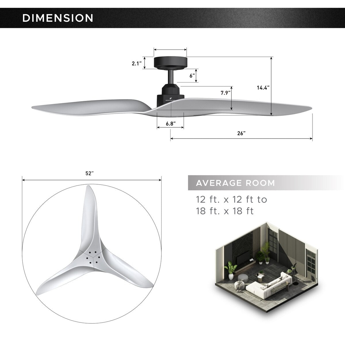 52" Modern Silver ABS 3-Blade Outdoor Ceiling Fan without Light