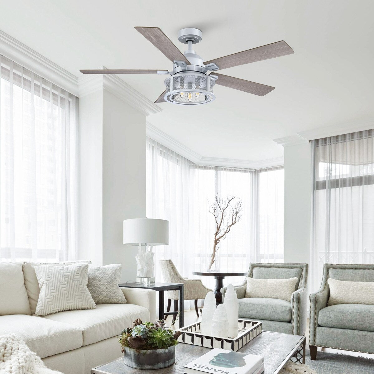 52" Silver Metal Mesh Reversible 5-Blade LED Ceiling Fan with Remote