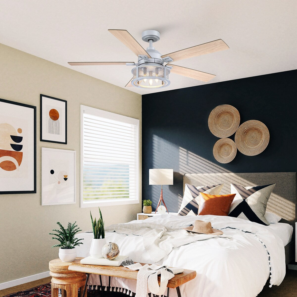52" Silver Metal Mesh Reversible 5-Blade LED Ceiling Fan with Remote