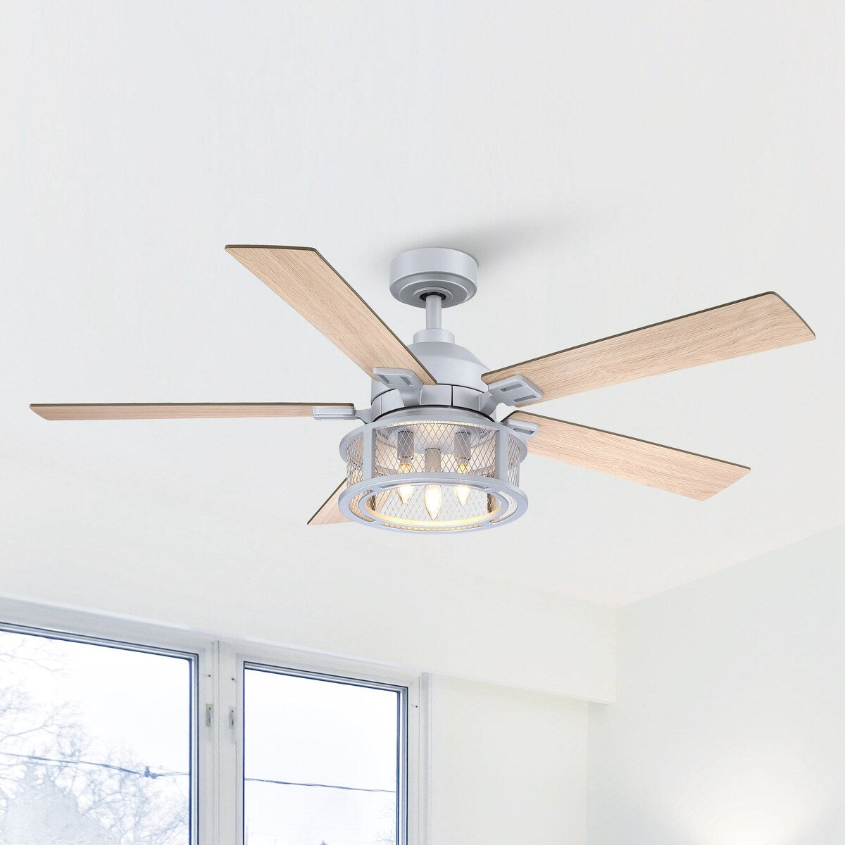52" Silver Metal Mesh Reversible 5-Blade LED Ceiling Fan with Remote