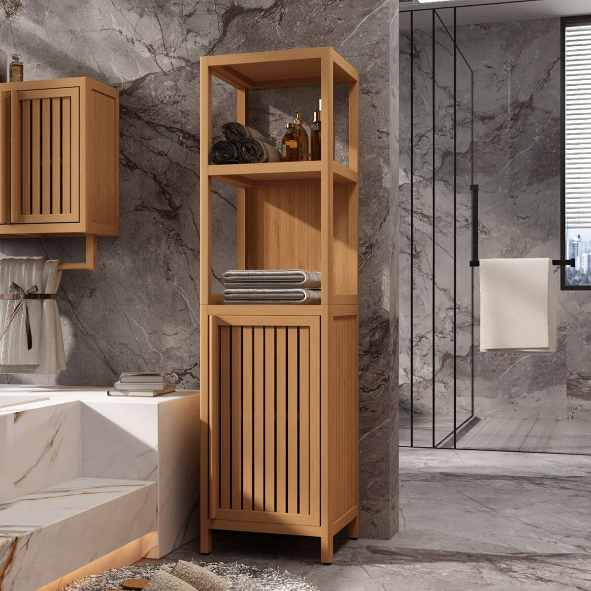52" Tall Wood 1-door Bathroom Cabinet in Natural with Open Shelf