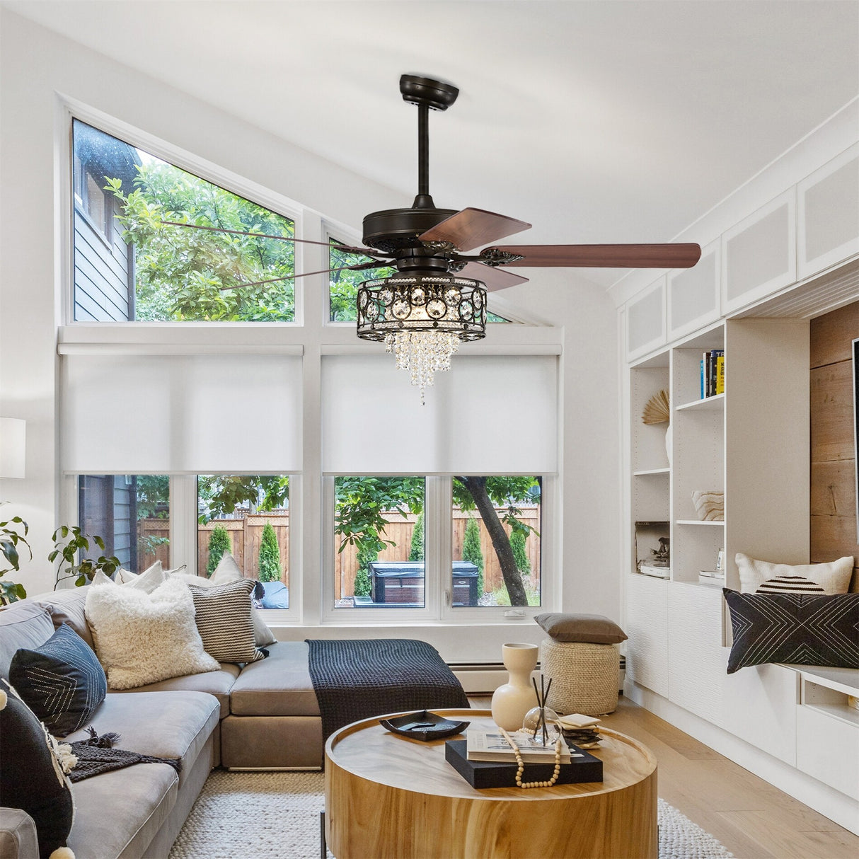 52" Wood Ceiling Fans with Lights Remote Control, 5 Blade, AC Motor