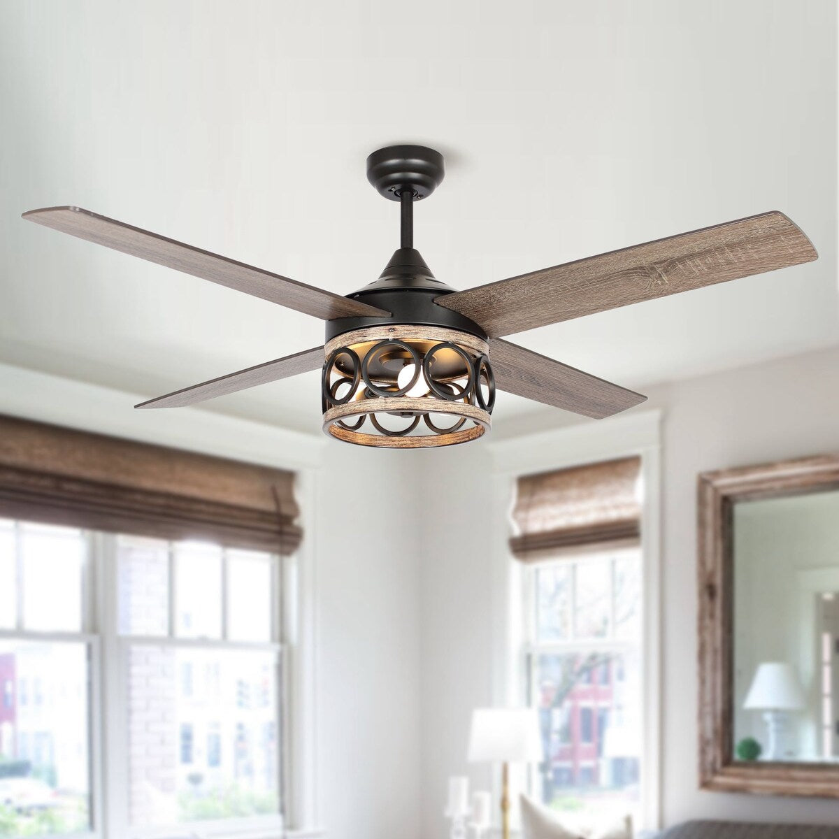 Rustic Wood Frame 4-Blade 3-Light Chandelier Ceiling Fan with Remote and Light Kit - 52-in W x 19.1-in H
