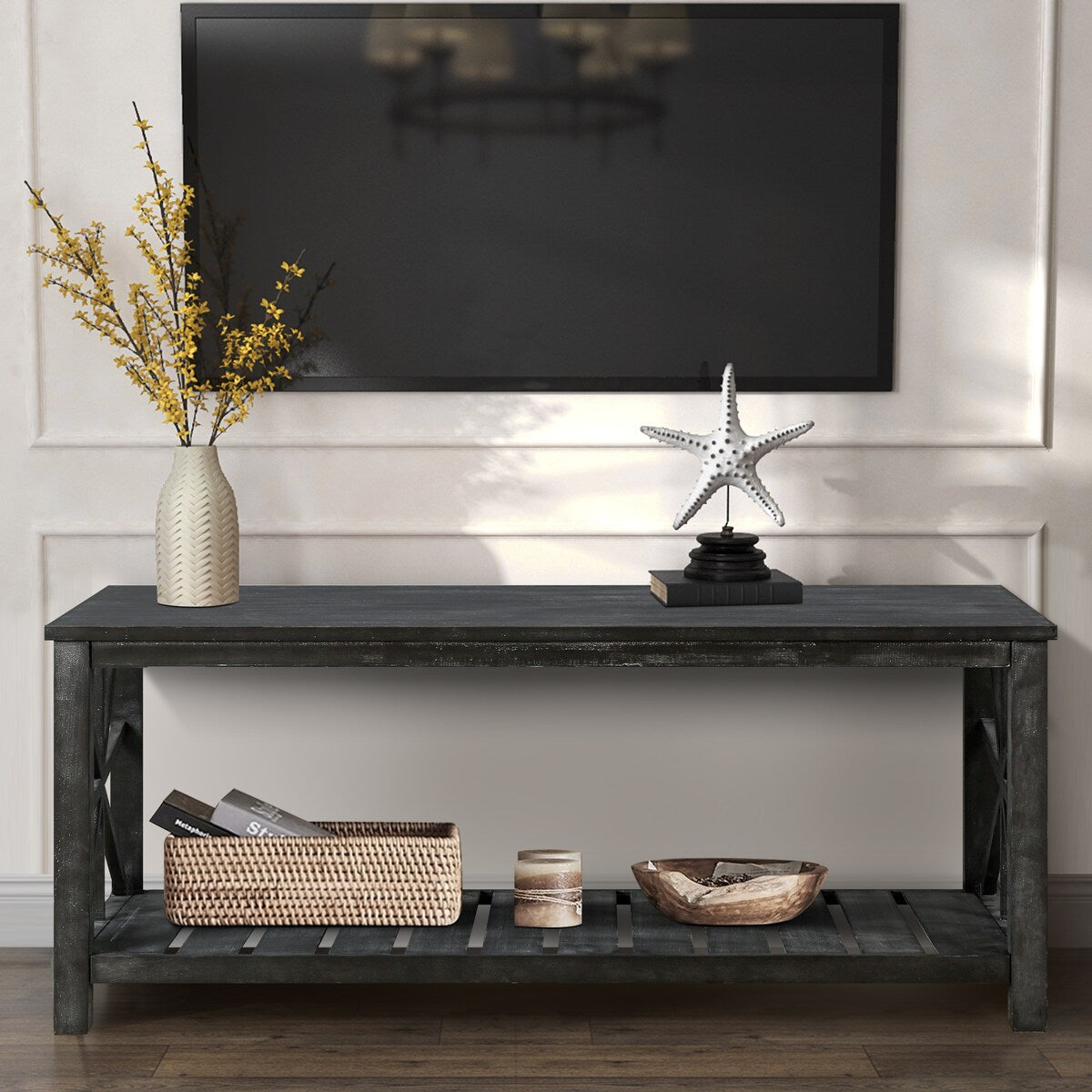 47 Inch Modern Coffee Table with Storage Shelf, Farmhouse Rectangle Living Room Center Table for Small Spaces,Easy Assembly