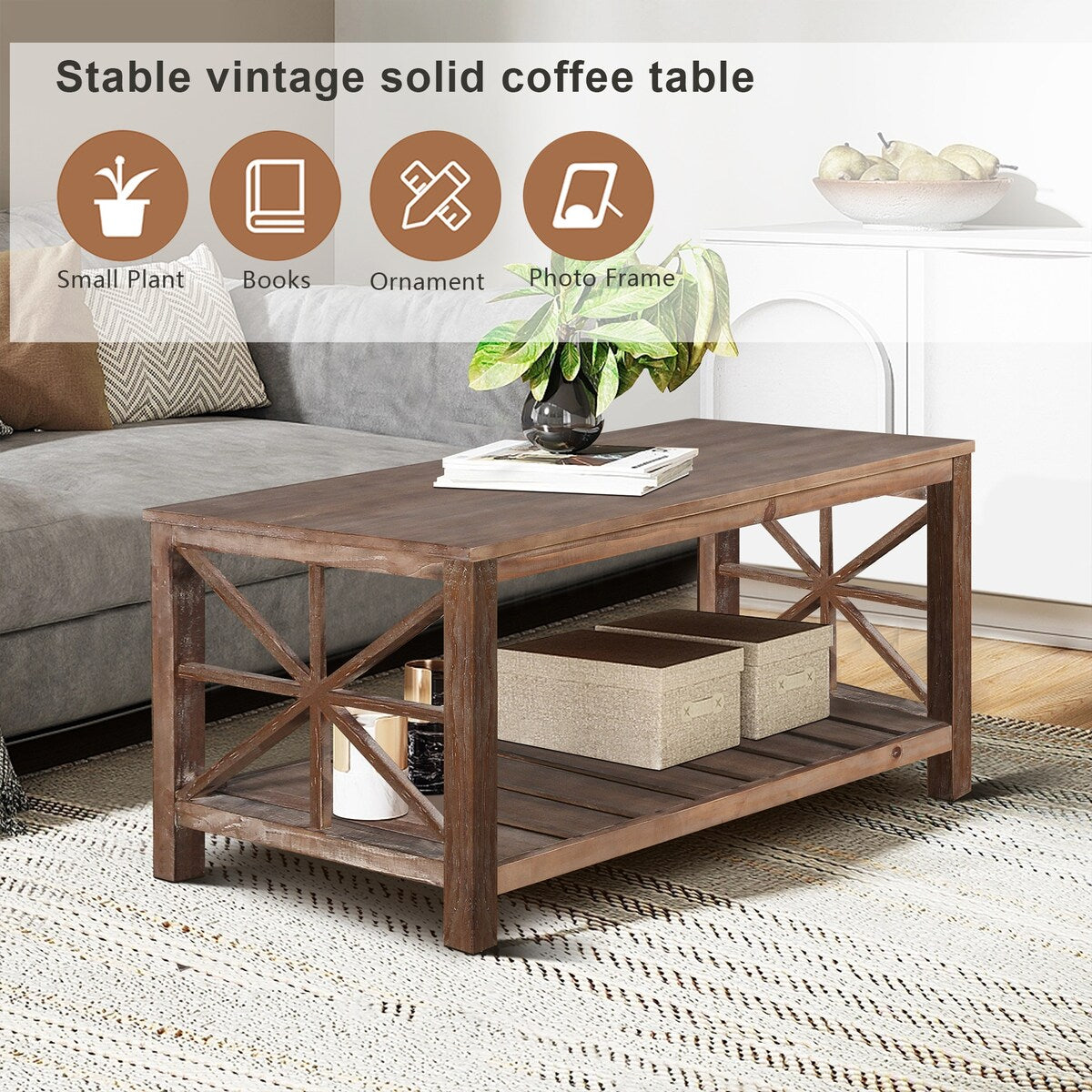 47 Inch Modern Coffee Table with Storage Shelf, Farmhouse Rectangle Living Room Center Table for Small Spaces,Easy Assembly