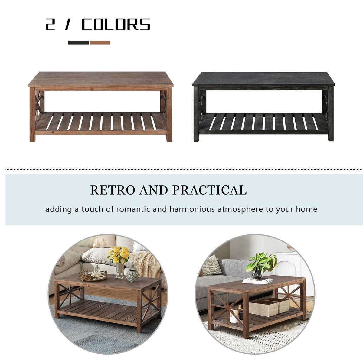 47 Inch Modern Coffee Table with Storage Shelf, Farmhouse Rectangle Living Room Center Table for Small Spaces,Easy Assembly