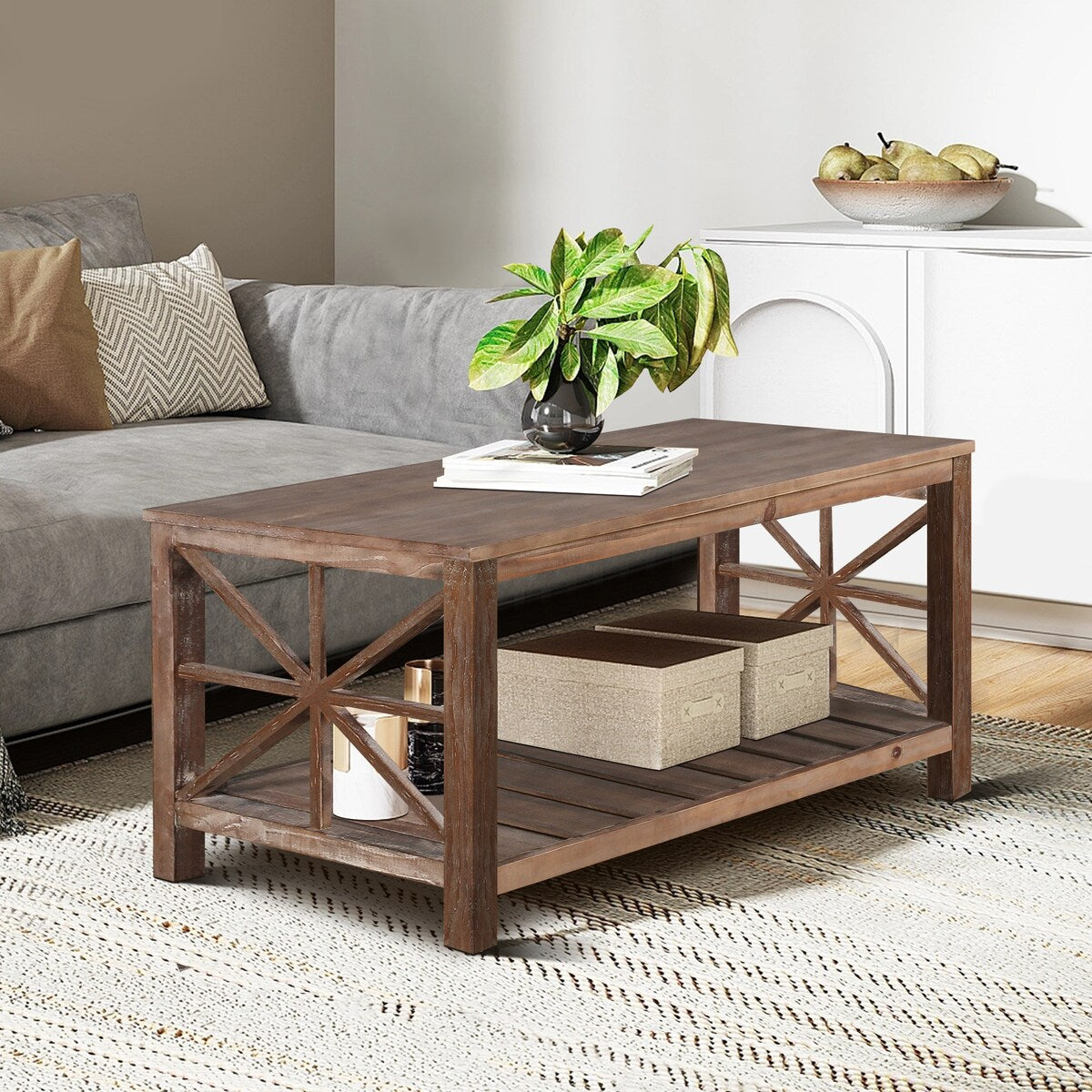 47 Inch Modern Coffee Table with Storage Shelf, Farmhouse Rectangle Living Room Center Table for Small Spaces,Easy Assembly