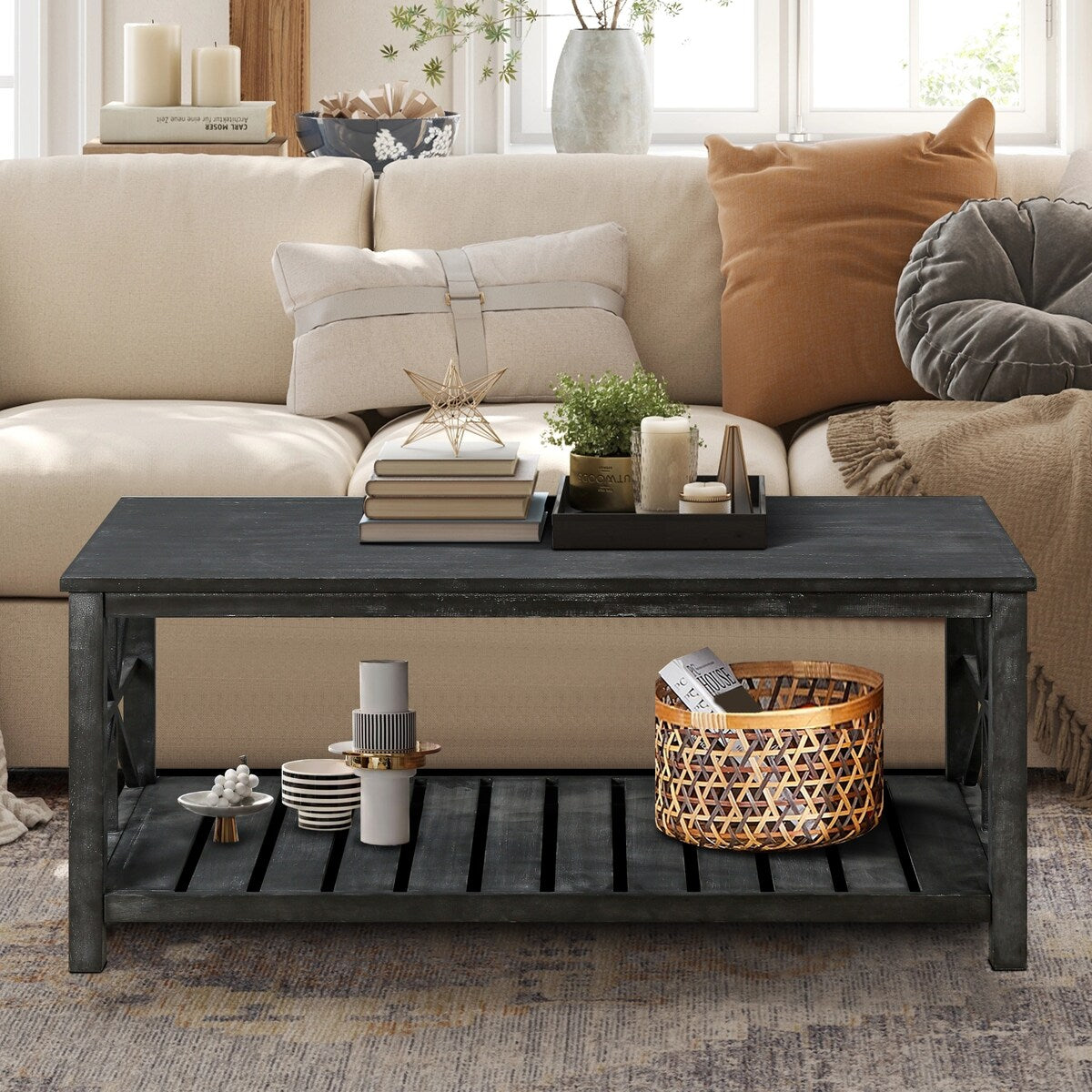 47 Inch Modern Coffee Table with Storage Shelf, Farmhouse Rectangle Living Room Center Table for Small Spaces,Easy Assembly