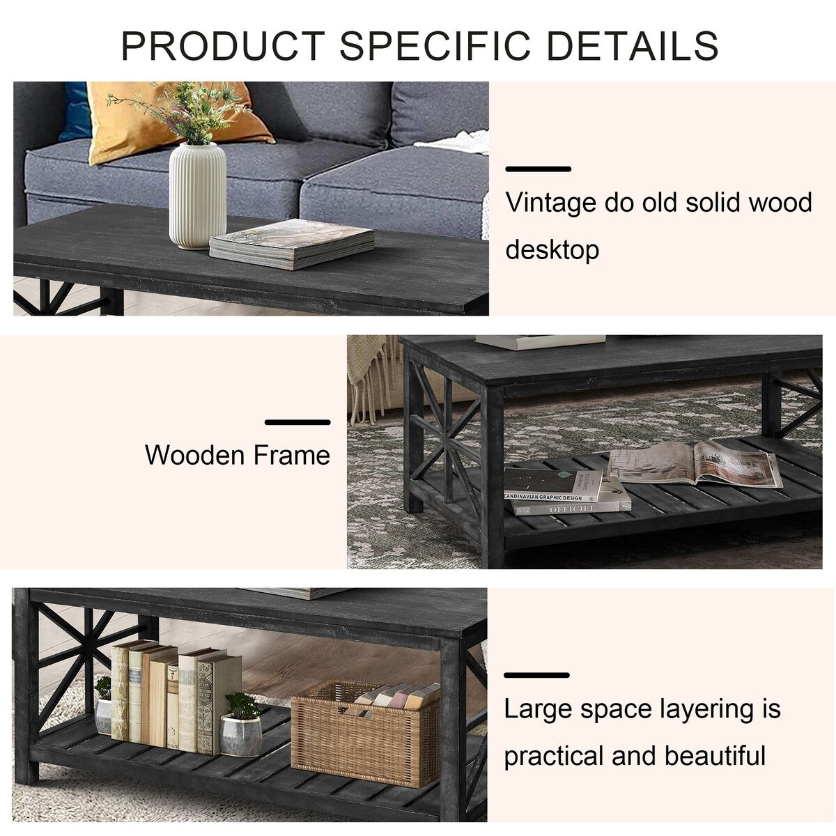 47 Inch Modern Coffee Table with Storage Shelf, Farmhouse Rectangle Living Room Center Table for Small Spaces,Easy Assembly