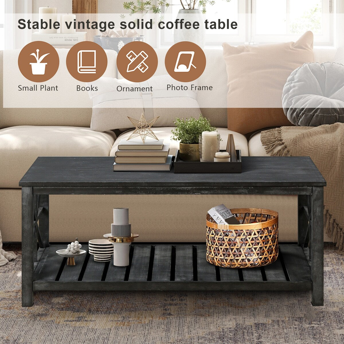 47 Inch Modern Coffee Table with Storage Shelf, Farmhouse Rectangle Living Room Center Table for Small Spaces,Easy Assembly
