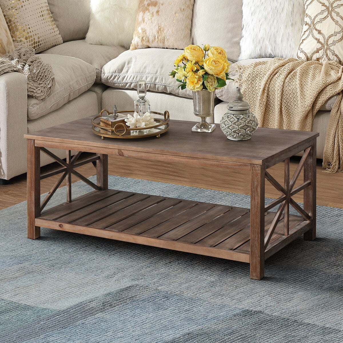 47 Inch Modern Coffee Table with Storage Shelf, Farmhouse Rectangle Living Room Center Table for Small Spaces,Easy Assembly