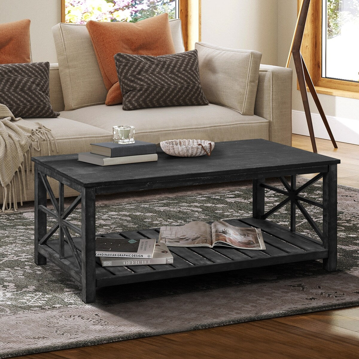 47 Inch Modern Coffee Table with Storage Shelf, Farmhouse Rectangle Living Room Center Table for Small Spaces,Easy Assembly