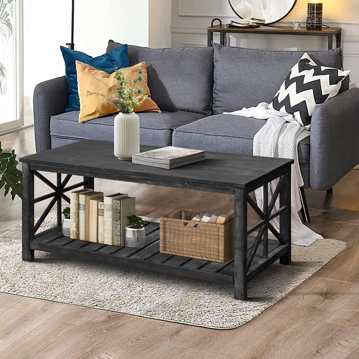 47 Inch Modern Coffee Table with Storage Shelf, Farmhouse Rectangle Living Room Center Table for Small Spaces,Easy Assembly