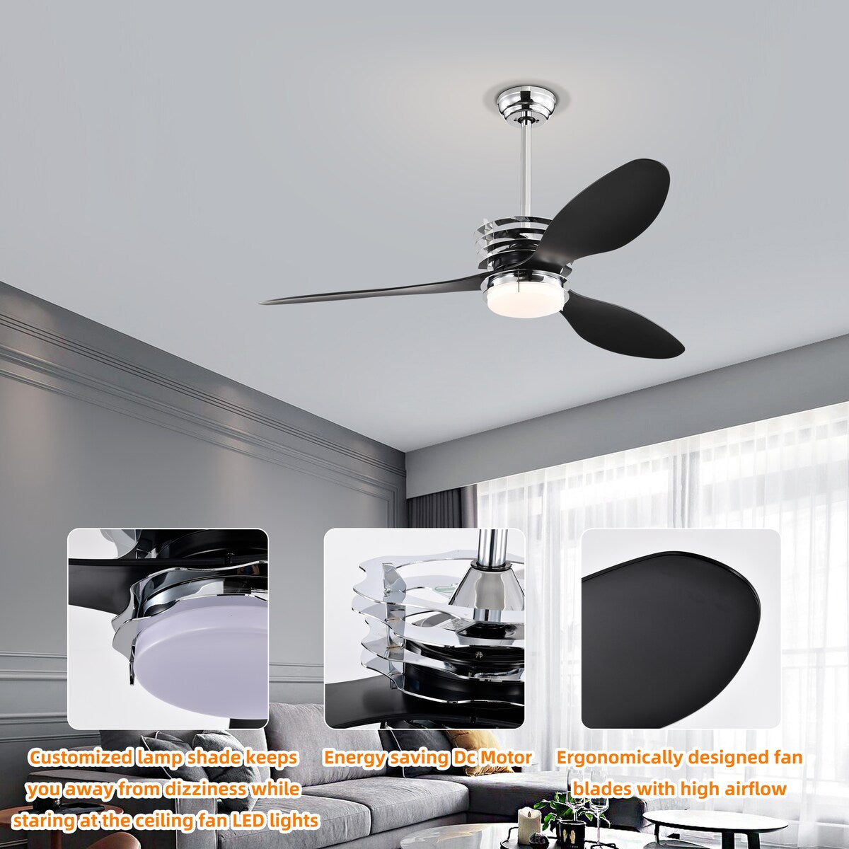 52'' ABS Blades Ceiling Fan with Lights and Remote ,5 Speeds Adjustable ,DC Motor Modern Ceiling Fan with 3 ABS Fan Blades