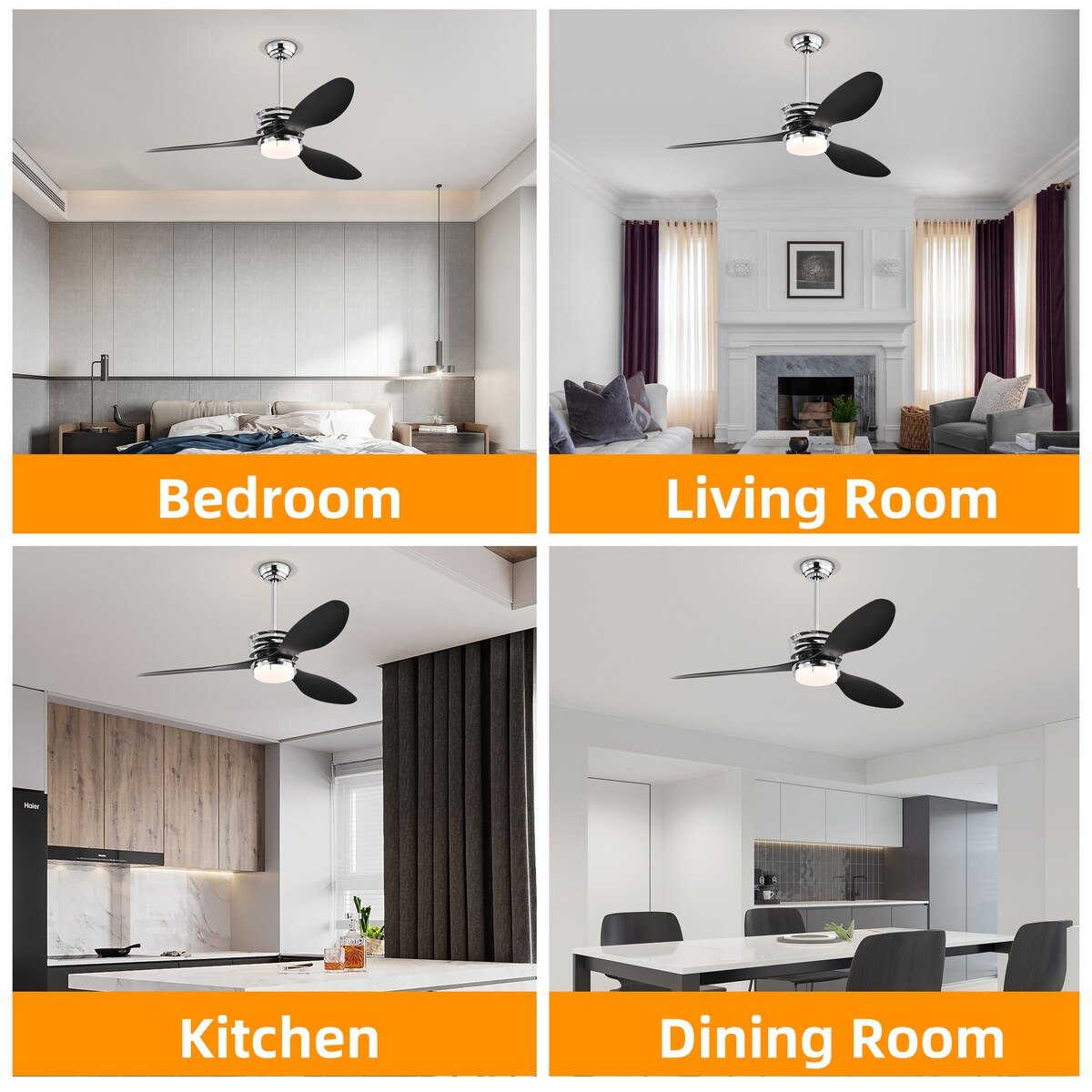 52'' ABS Blades Ceiling Fan with Lights and Remote ,5 Speeds Adjustable ,DC Motor Modern Ceiling Fan with 3 ABS Fan Blades