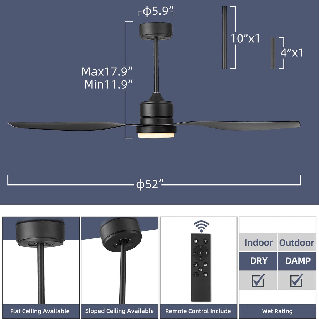 52'' Reversible Ceiling Fan With Remote Control and Dimmable Led Light in Black/Wooden
