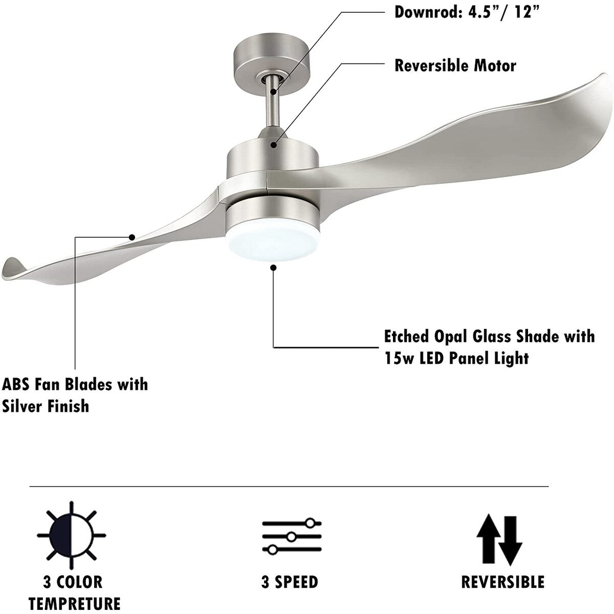 52’’ Modern Ceiling Fan with Lights and Remote, Brushed Nickel - N/A