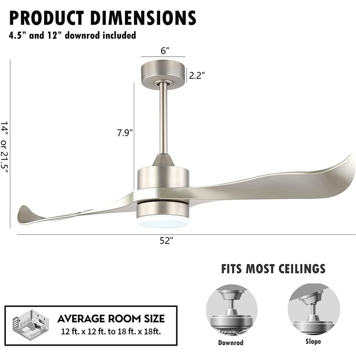 52’’ Modern Ceiling Fan with Lights and Remote, Brushed Nickel - N/A