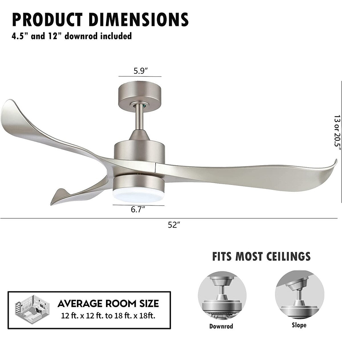 52’’ Modern Ceiling Fan with Lights and Remote, Brushed Nickel - 52