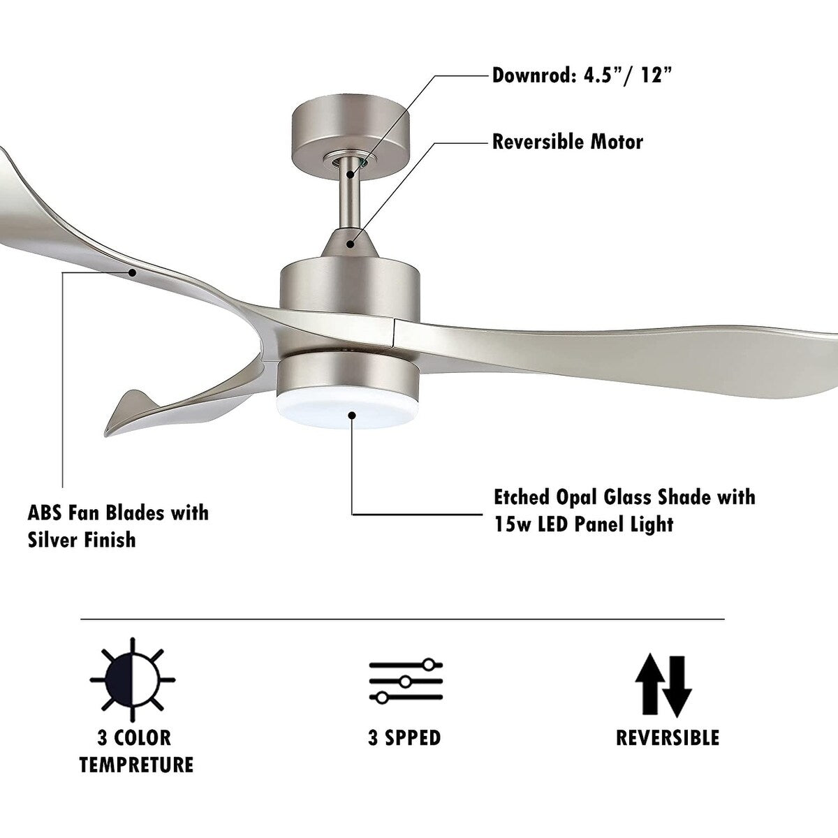 52’’ Modern Ceiling Fan with Lights and Remote, Brushed Nickel - 52