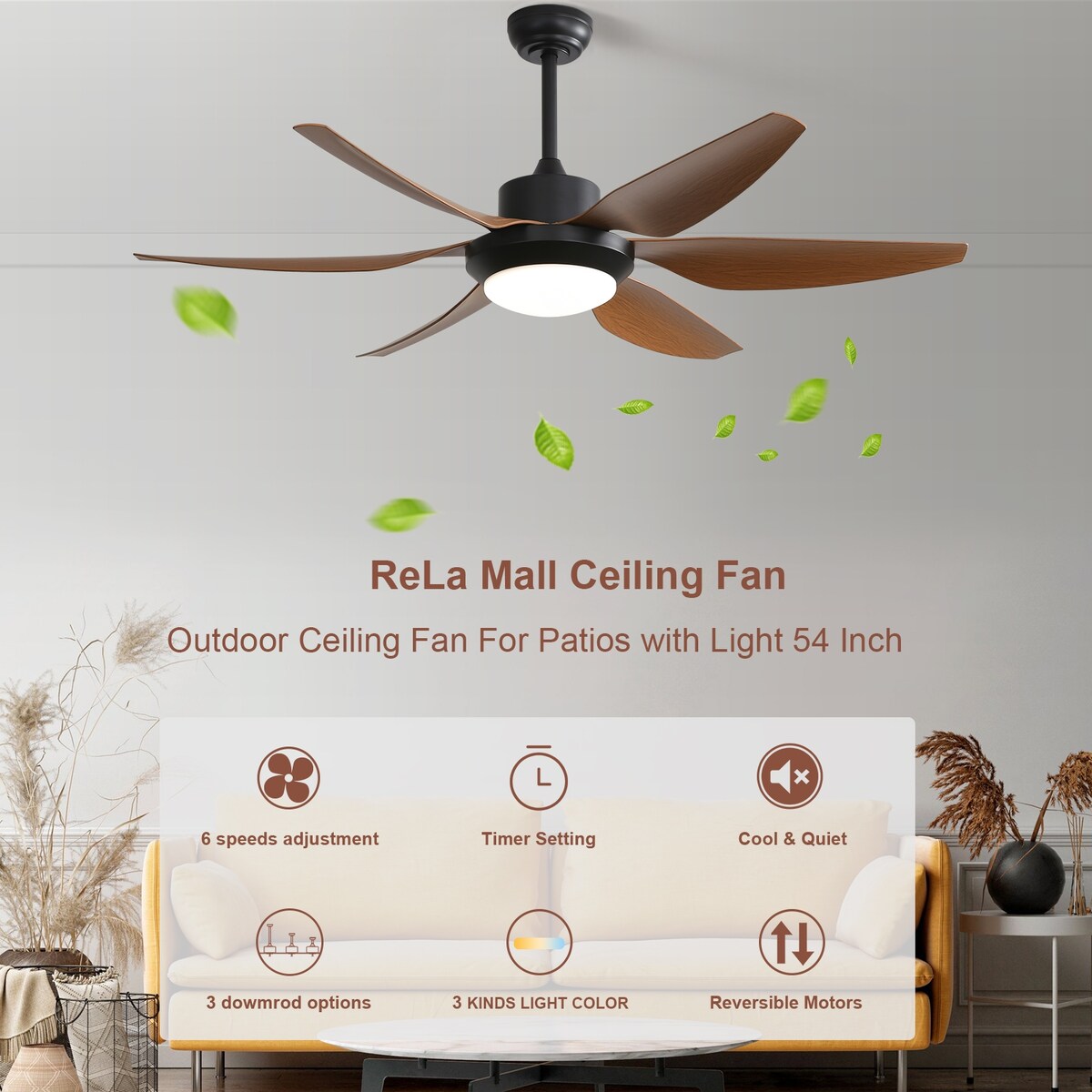 54 Inch Indoor Ceiling Fan With Dimmable Led Light 5 ABS Blades Remote Control Reversible DC Motor Black For Living Room