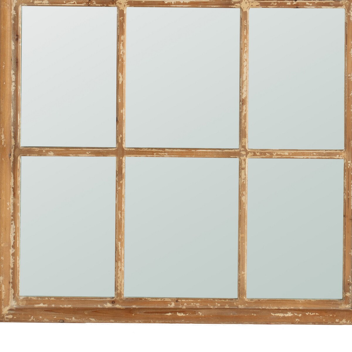 54 Inch Wall Mirror with Window Pane Design, Fir Wood, Distressed Brown