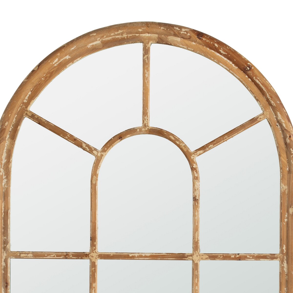 54 Inch Wall Mirror with Window Pane Design, Fir Wood, Distressed Brown