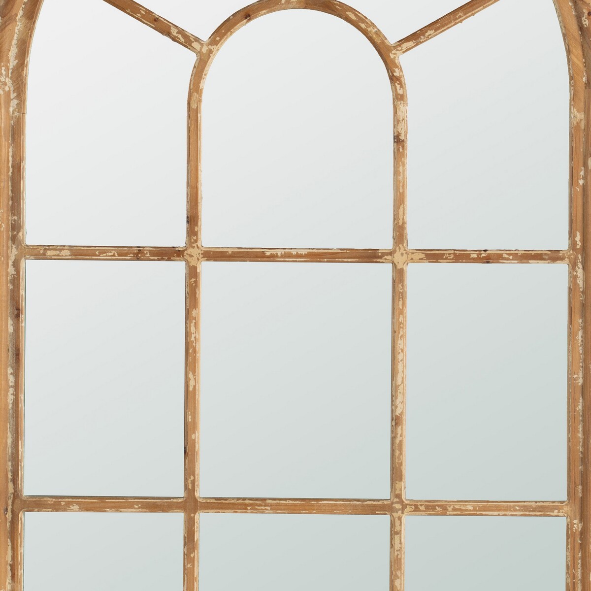 54 Inch Wall Mirror with Window Pane Design, Fir Wood, Distressed Brown