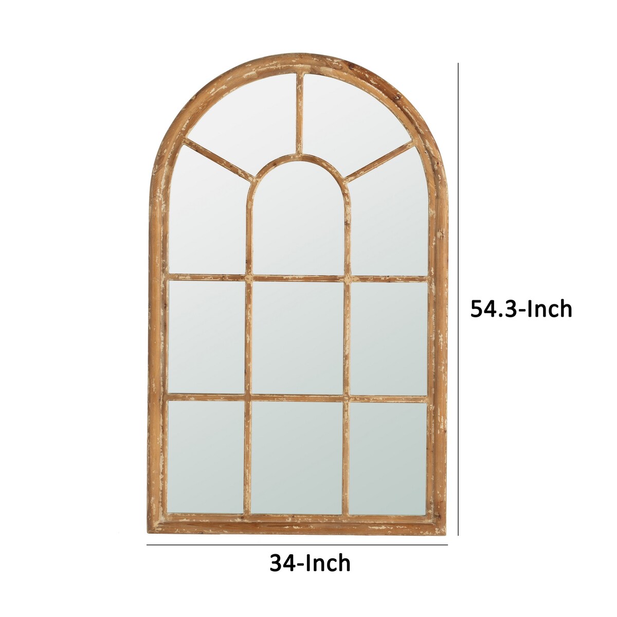 54 Inch Wall Mirror with Window Pane Design, Fir Wood, Distressed Brown